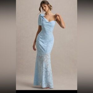 NWOT attached Club London Chyna | Light Blue Cowl-Neck Maxi Dress with Bow Strap